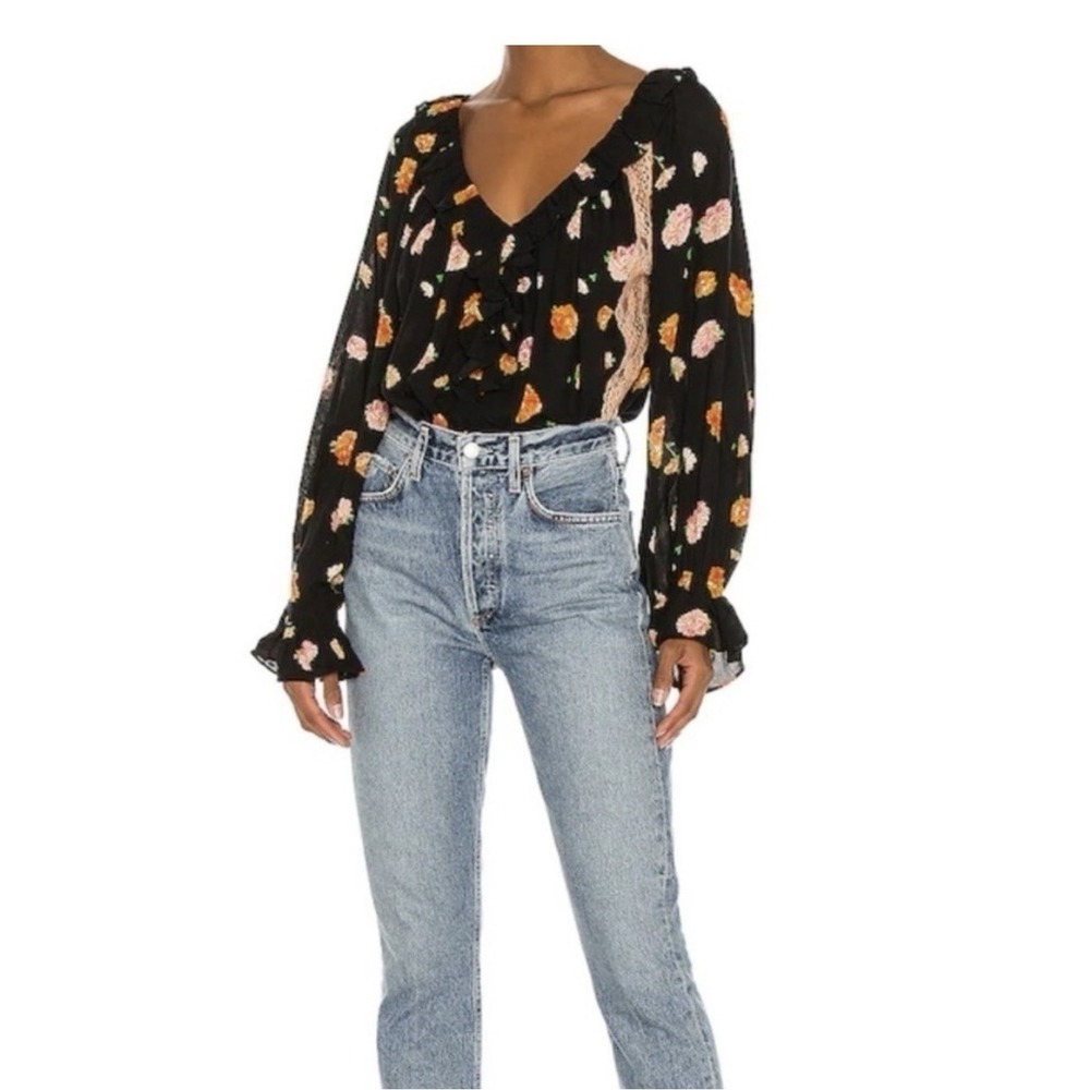 Free People Black Floral Long-Sleeve Bodysuit